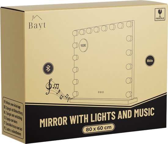 Bayt Hollywood-Spiegel – Make-up-Spiegel – Spiegel – Hollywood-Spiegel 80 x 60 – Dimmbar – 10-fache Vergrößerung – Mit Beleuchtung und Bluetooth – USB-Anschluss – 80 x 60 – Weiß