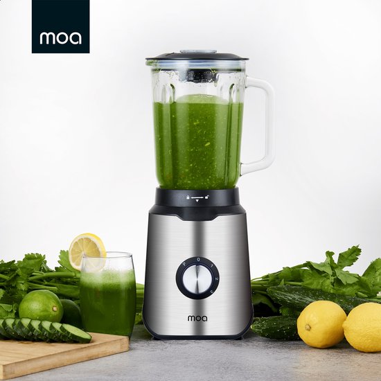 MOA Blender - Smoothie Maker mit 1.5L Glaskrug - für Eis, gefrorene Früchte, Nüsse - Mini - 1020W - Edelstahl - Silber