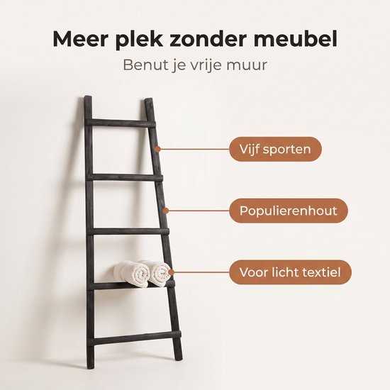 Cheqo® Dekorationsleiter – Handtuchleiter – Dekorationsleiter aus Holz – Schwarze Dekorationsleiter - Leiterregal – Handtuchhalter – Zierleiter – Badezimmerleiter – Kleiderleiter – Dekorative Leiter für den Innenbereich – Leiter für Plaids – Wohnleiter