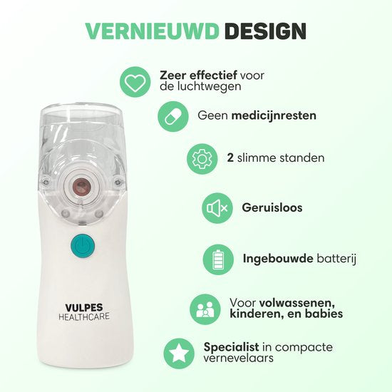 Vulpes Goods® HealthCare - Aerosolgerät - Ultraschallvernebler Inhalator - Vernebler - Inhalator für Kinder, Erwachsene und Babys - Wiederaufladbar - 2 Modi - Hilft gegen Atemwegserkrankungen - Inkl. 4 Düsen & Deluxe Reiseetui
