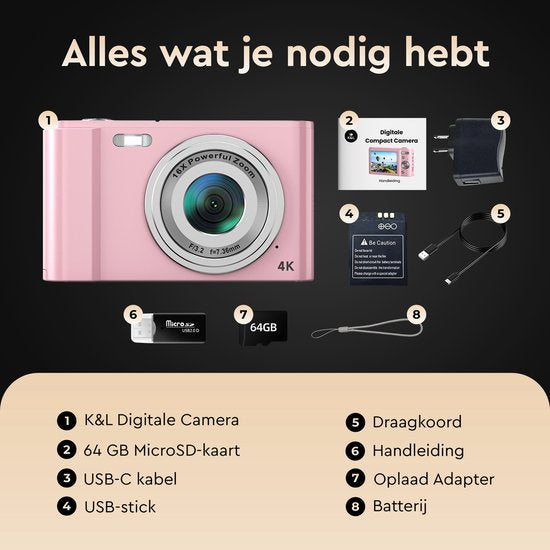 K&L Digitalkamera 4K - 64MP - Kamera - Kompaktkamera - Vlog Kamera - Für Kinder - Inklusive 64GB - NL Software