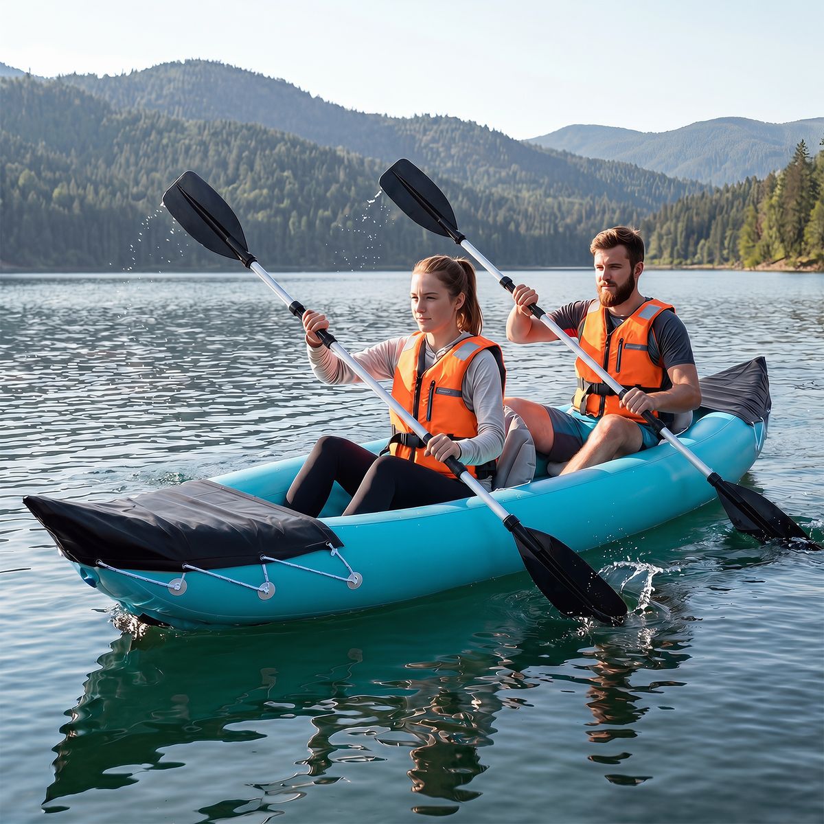 Coast Aufblasbares Kajak-Set für 2 Personen – mit Paddeln und Fußpumpe – Blau – 321 x 92 x 45 cm