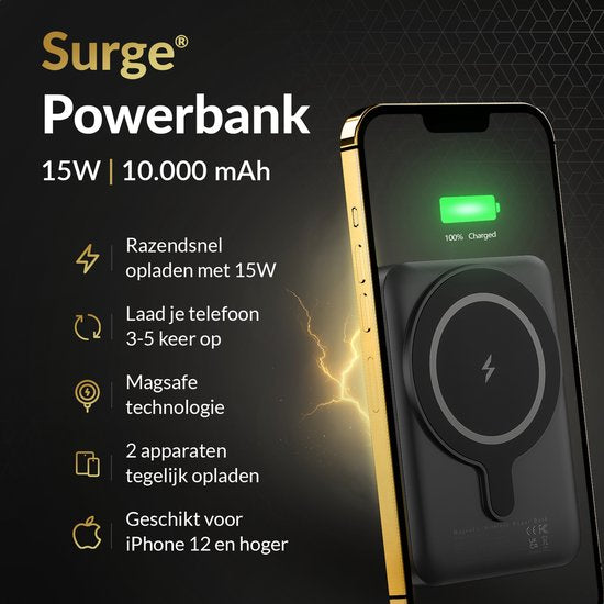 Surge Wireless Powerbank 10000mAh - Magsafe kompatibel - 22.5W Schnellladegerät - Geeignet für iPhone 12, 13, 14, 15, 16