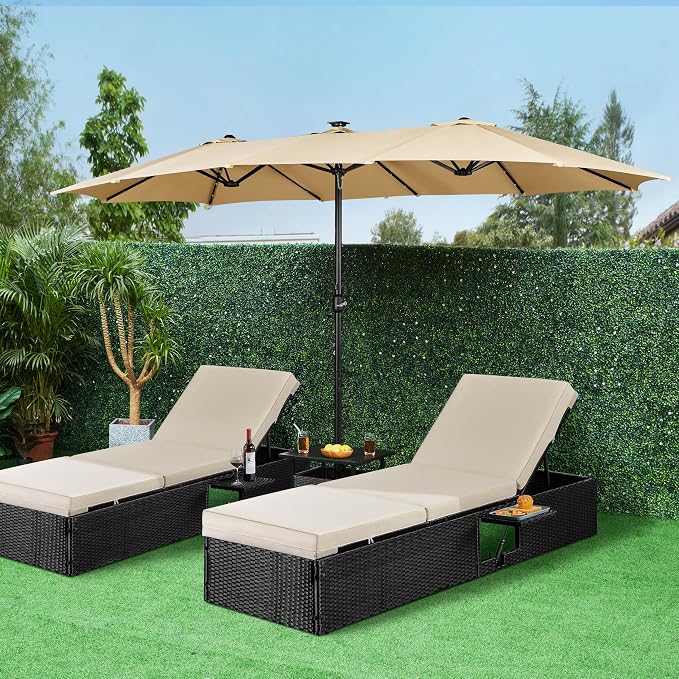 Yaheetech Doppel-Sonnenschirm 15FT mit Solar-LED-Beleuchtung und Fuß – Beige – Extra großer Gartenschirm mit Sandsäcken