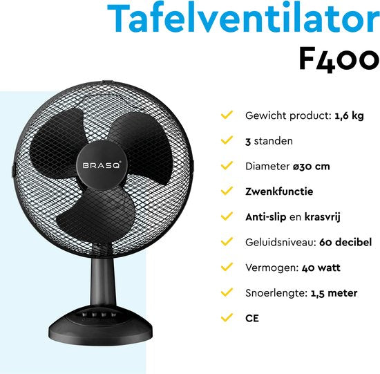 BRASQ Tischventilator - 30 cm - Schwarz - 3 Geschwindigkeiten - Standventilator - 40 Watt