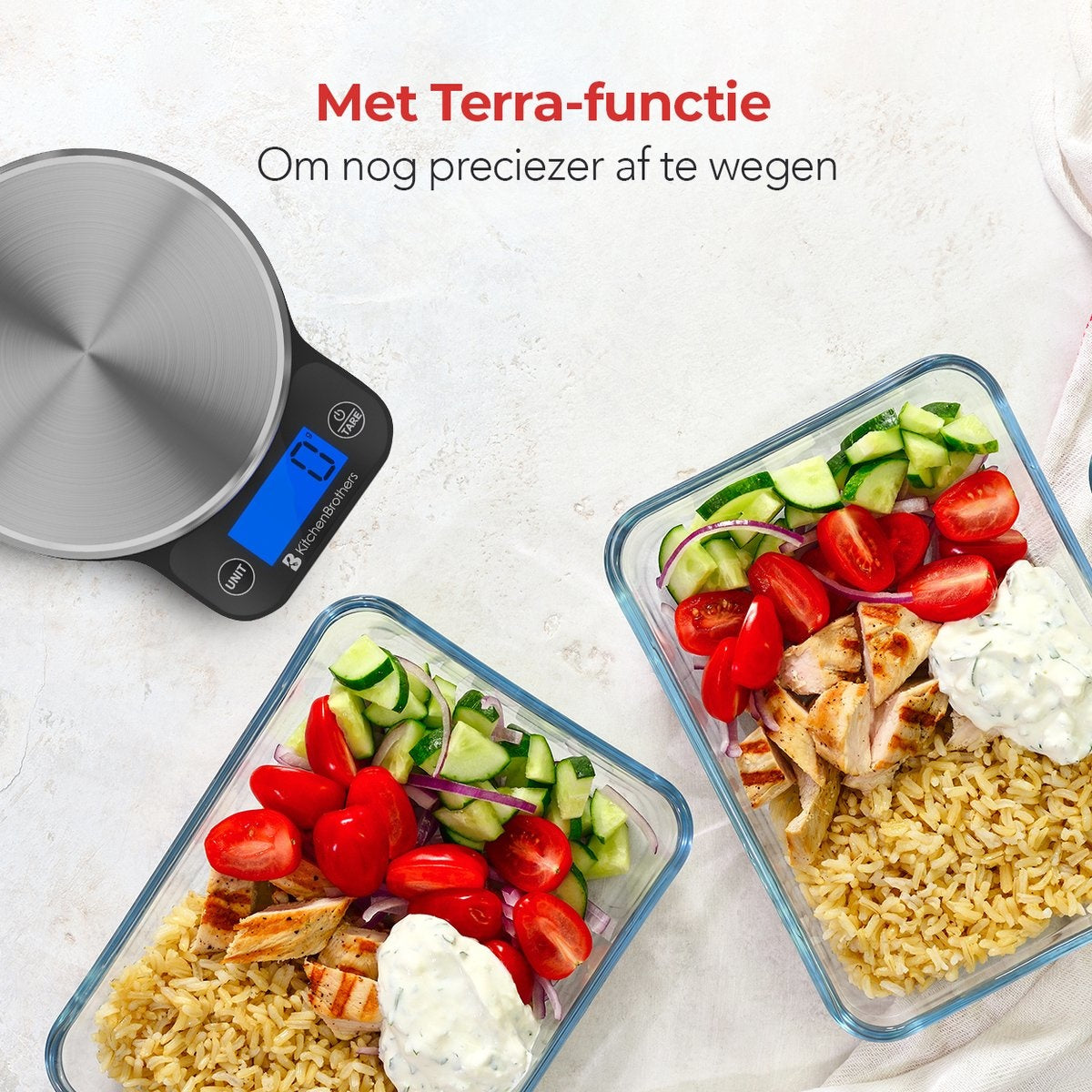 KitchenBrothers Küchenwaage - Waage Küche Digital - 1 g bis 6 kg - Tara Funktion - Batterien enthalten - Edelstahl/Schwarz