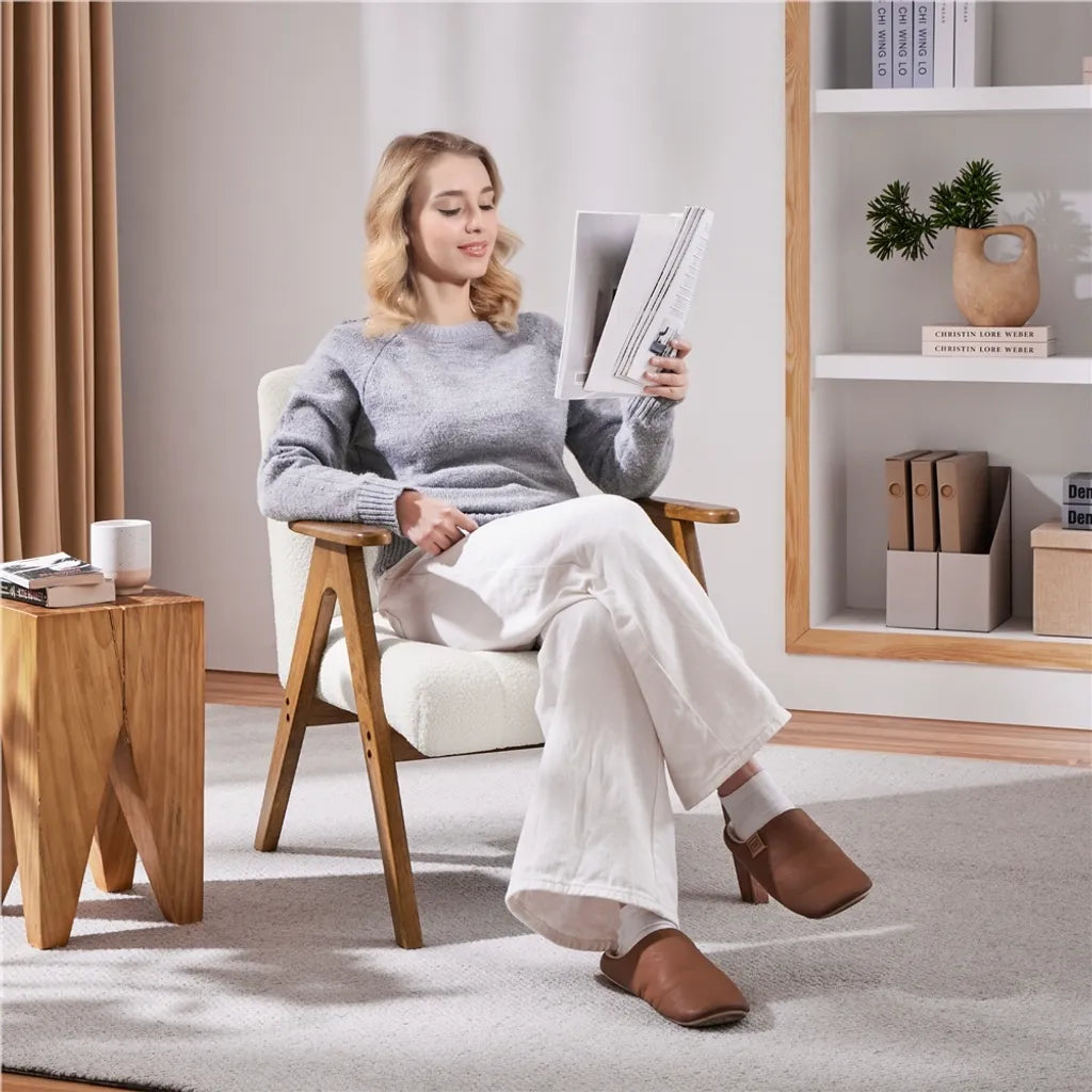 Yaheetech Sessel Weiß - Bouclé Lounge Chair mit Armlehnen und Holzbeinen - 60,5 x 68,5 x 73 cm