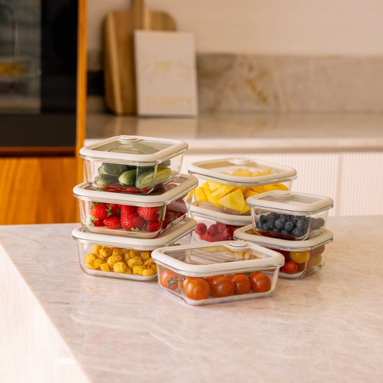Safecourt Frischhaltebehälter - komplett aus Glas (100% frei von Mikroplastik) - Backofen, Gefrierschrank, Mikrowelle und Spülmaschine - 8-teiliges Set