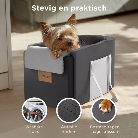 CozySense® Hundeautositz - Hundekorb Auto mit waschbarem Bezug - Für kleine Hunde - Passt in die Mittelkonsole - Auch als Tragetasche - Schwarz/Grau