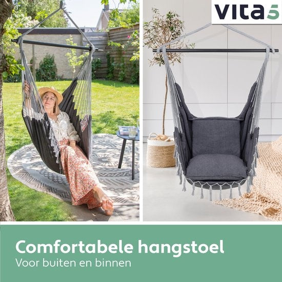 Vita5 XXL Hängesessel | Indoor/Outdoor Hängenest | Inkl. 2 Kissen und Buchbox | Erwachsene & Kinder | Hängesessel bis zu 200kg | Dunkelgrau