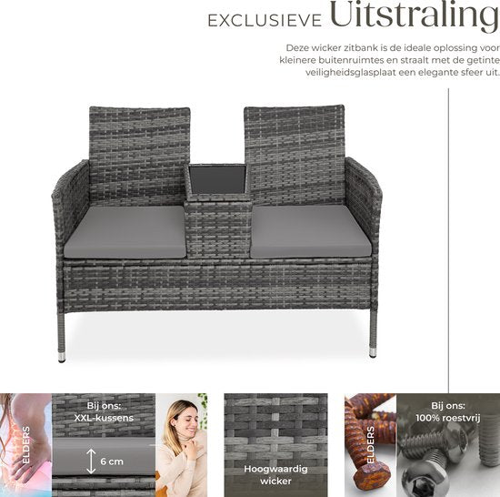 tectake - Geflecht-Gartenbank mit Tisch, 2-Sitzer-Bank, 131 x 61 x 82 cm, Bank für Gartenbalkon und Terrasse, Gartenbank inklusive Sitzkissen - grau/hellgrau - Poly-Rattan