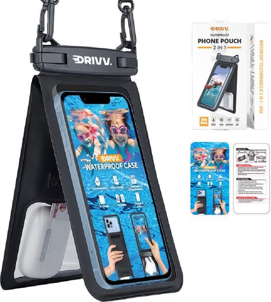 Drivv. Wasserdichte Handytasche 2 in 1 mit Kabel - Universal bis zu 6,7 Zoll - Unterwassergehäuse Telefon - Schwarz