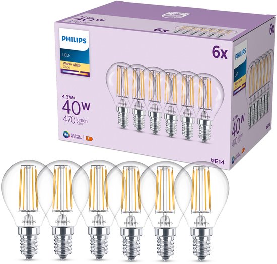 Philips LED-Lampe, transparent – 40 W – E14-Fassung – Warmweißes Licht; 2700 K – 6er-Pack