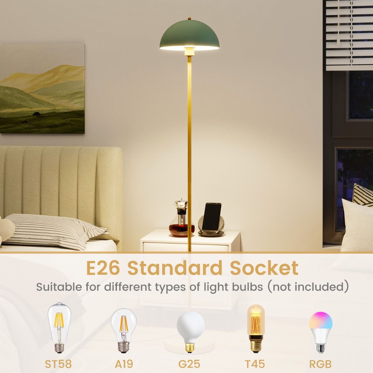 Coast Stehlampe – verstellbarer Lampenkopf – bruchsicherer Lampenschirm – gold, grün und weiß – 163 cm