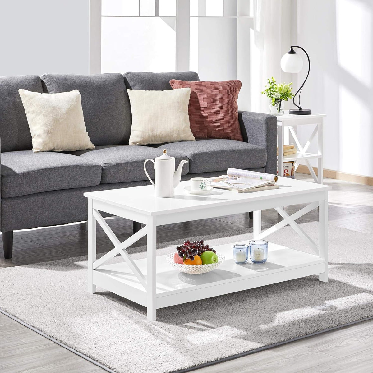 Couchtisch mit 2 Ablagebrettern und X-förmigem Gestell, 100 × 50 × 45 cm, weiß