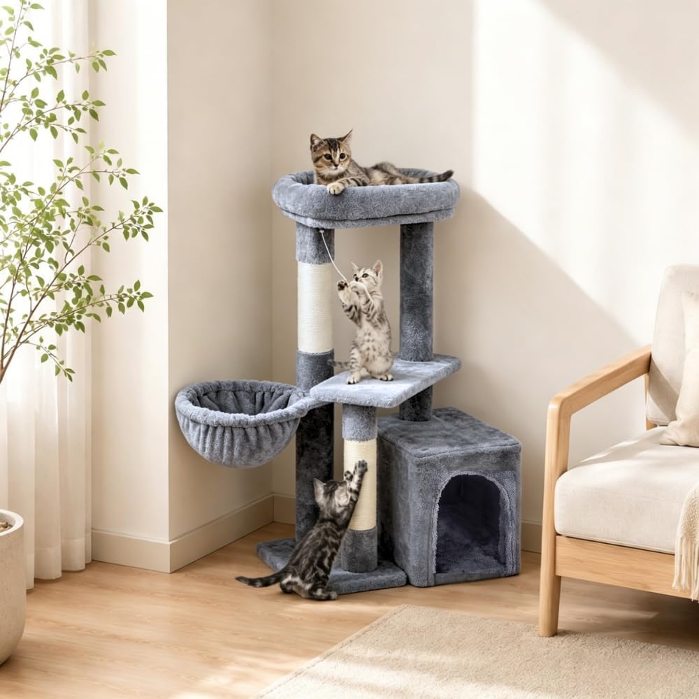 Yaheetech Kratzbaum für Katzen – 87 cm – Hängematte – Katzenhaus – Naturfarben