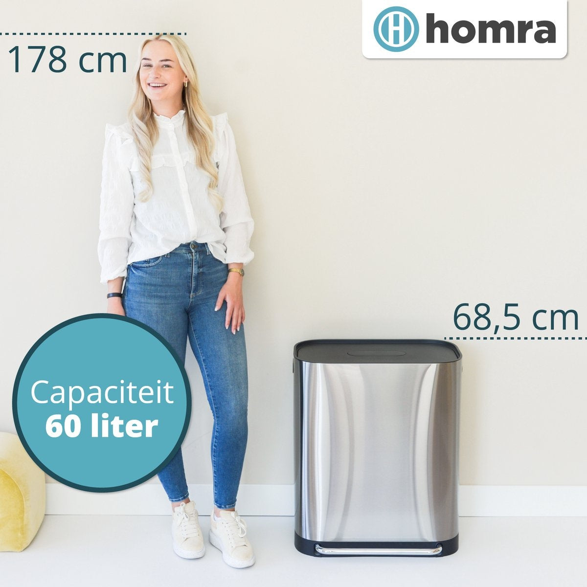 Doppelmülleimer 2x30L Homra Rockx - Duo-Treteimer 60L mit Geruchsfilter - Edelstahl Mülltrennung Mülleimer 2 Fächer - Recycling Mülleimer - Mülleimer Küchenabfalltrennung - Abfalleimer - Edelstahl matt