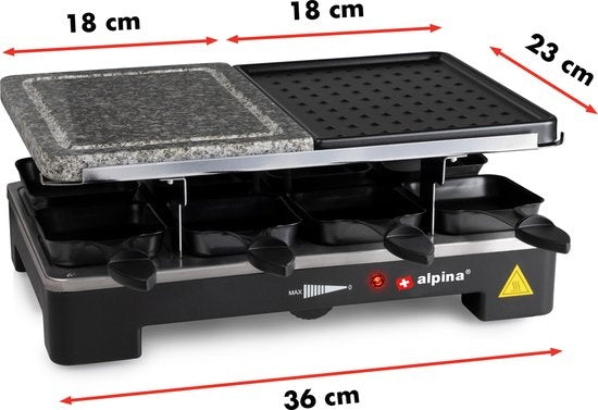 alpina - Gourmet Set Backplatte - 8 Personen - Inkl. Spatel und Raclette-Pfännchen - Schwarz