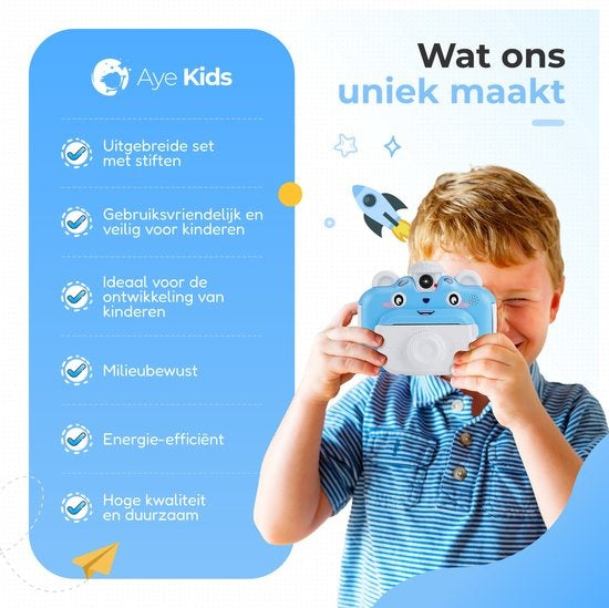 AyeKids Sofortbildkamera für Kinder - Mini-Thermodrucker - Fotodrucker - Inklusive 3 Rollen & 12 Farbmarker - Blau