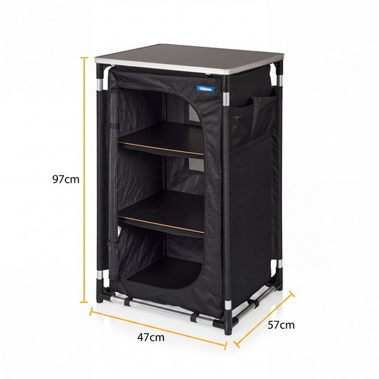 Tristar Klappbarer Camping-Schrank – Aluminiumrahmen – 3 Ebenen – Verstellbare Füße – Seitentaschen – Inklusive Tragetasche – Schwarz - CU-0809