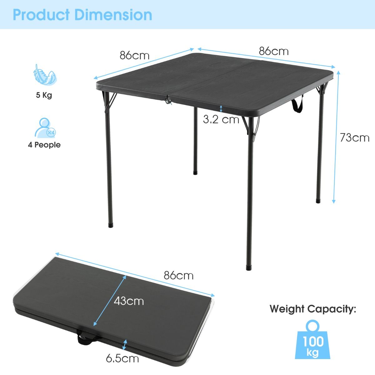 Coast Klappbarer Campingtisch – Tragbar mit Tragegriff – Leicht – Grau 86 x 86 x 73 cm