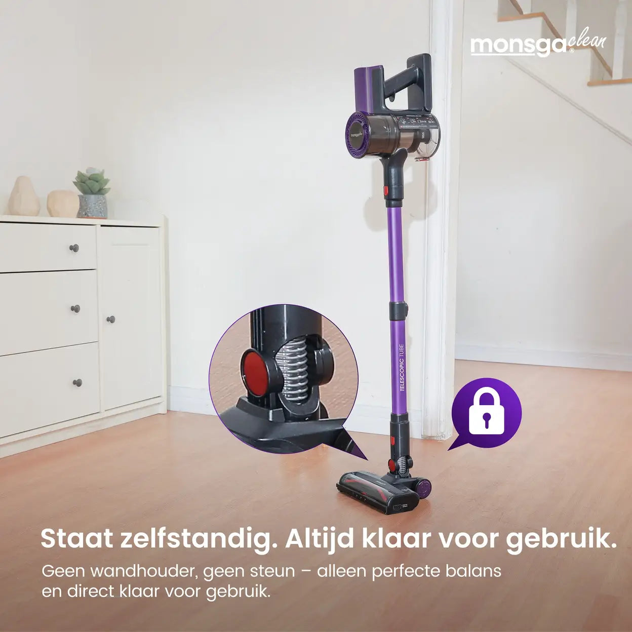 Monsga M100 Akku-Stabstaubsauger 55.000 Pa – 45 Min. Betriebsdauer – 1,8 l Staubbehälter – LED-Touchdisplay – Anti-Verfilzungsbürste – Grünes LED-Licht