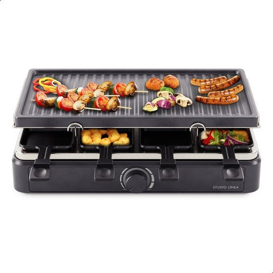 Studio Linea SLGRILL30BK Gourmet-Set - 8 Personen - 1400 W - Gourmet-Pfännchen und Gourmet-Platte mit Antihaftbeschichtung - Raclette