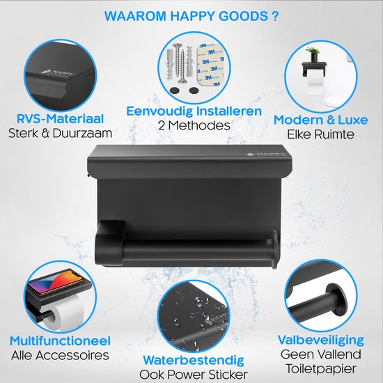 Happy Goods Toilettenpapierhalter mit Ablage - Selbstklebend / Bohren - Toilettenpapierhalter Schwarz ohne Bohren - Edelstahl - Inkl.