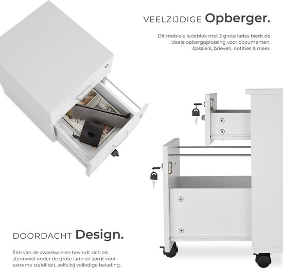 tectake Schubladenschrank - Mit 2 abschließbaren Schubladen, feststellbare Rollen - Rollcontainer - Organizer - Ideal für einen organisierten Arbeitsplatz - Büro, Arbeitszimmer, Home Office - Weiß
