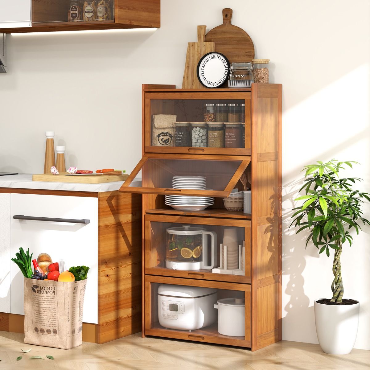 Coast Bücherregal mit 4 Fächern – Bambus – Klapptüren aus Acryl – 69 x 34 x 140 cm – Braun/Natur