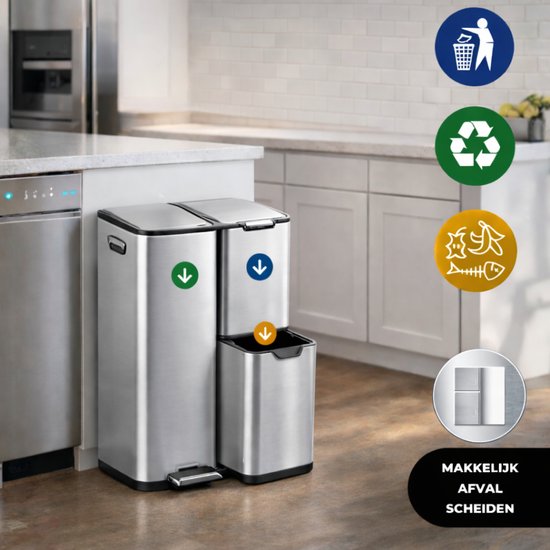 Bayt Mülleimer - Mülleimer 60 Liter - Mülleimer 60 Liter - Treteimer 60 Liter - Mülleimer Mülltrennung - Mülleimer 3 Fächer - Mülleimer - Edelstahl - Silber
