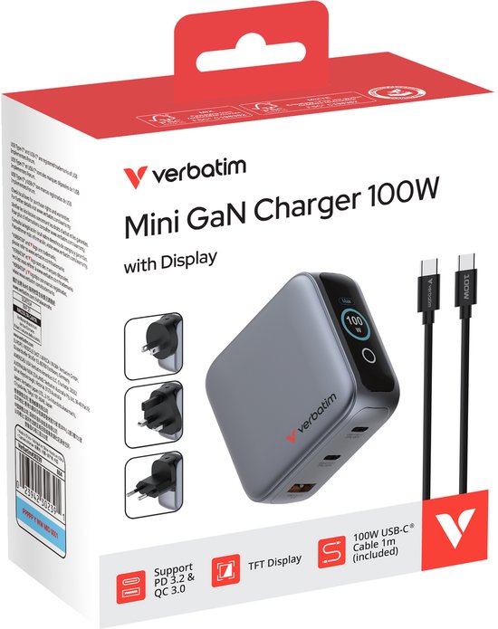 Verbatim Mini-Gan-Ladegerät 100 W, 2 × USB-C, 1 × USB-A, QC, für Apple MacBook und iPhone