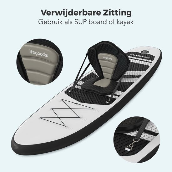 LifeGoods SUP Board - mit Sitz - Aufblasbares Paddle Board - Komplettset - Max. 135KG - 320x81cm - Weiß/Schwarz