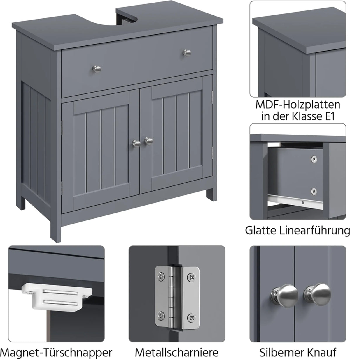 Yaheetech Unterschrank mit Schublade und zwei Fächern - Ausgestattet mit Siphonausschnitt und wasserabweisender Beschichtung und Metallbeschlägen - Für Badezimmer im Landhausstil - Dunkelgraues Mdf und Metall - 60 x 30 x 60 cm