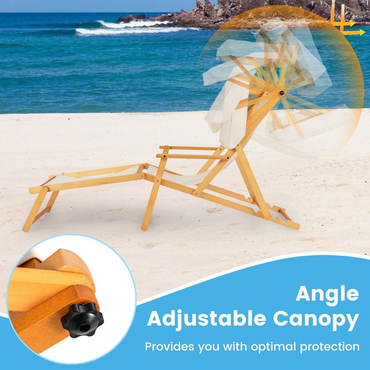 Coast Birchwood Foldable Beach Lounger mit verstellbarem Sonnendach, Rückenlehne und Fußstütze - Beige/Natur - 170x62x140 cm