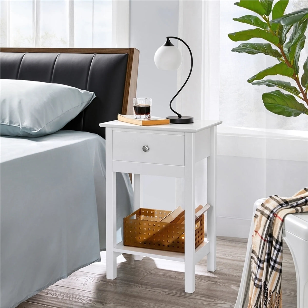 Yaheetech Stilvoller Nachttisch mit Schublade und Einlegeboden 40 x 30 x 61 cm – Zeitloses Weiß – MDF