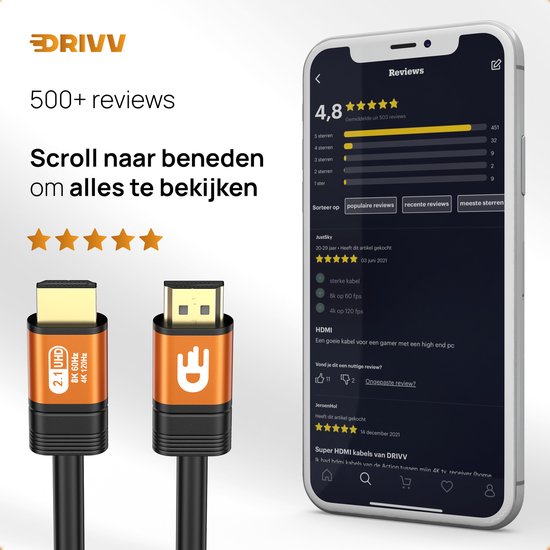 Drivv. Premium HDMI Kabel 2.1 - Ultra HD - 8K 60Hz - 4K 120Hz - Geeignet für Xbox Serie X & PS5 - 1 Meter - Orange