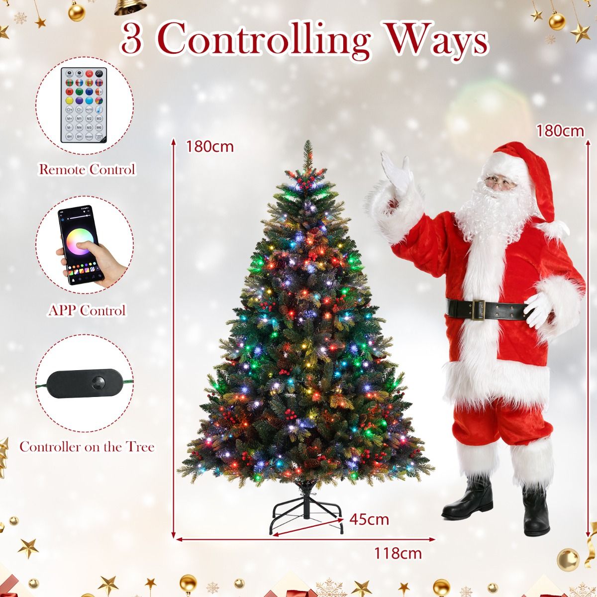 Coast 180 cm Künstlicher Weihnachtsbaum Grün - Vorbeleuchtet mit 370 RGB-Lichtern - APP-gesteuert - Mit Zapfen und roten Beeren