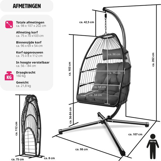 tectake - Luxuriöser Hängesessel - klappbarer und drehbarer Eiersessel mit Ständer - dicke Kissen - rutschfeste Füße - Schutzhülle inklusive. Ideal für Garten, Terrasse, Schlafzimmer - dunkelgrau