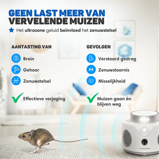 Vulpes Goods® Repellent - Ultraschall-Mausvertreiber - Schädlingsvertreiber für Innenräume - Tierfreundliche Mäuse- und Insektenbekämpfung - Tierfreundliche Mausefalle - 360 Grad Schutz - Schädlingsvertreiber - MAX Version - Weiß