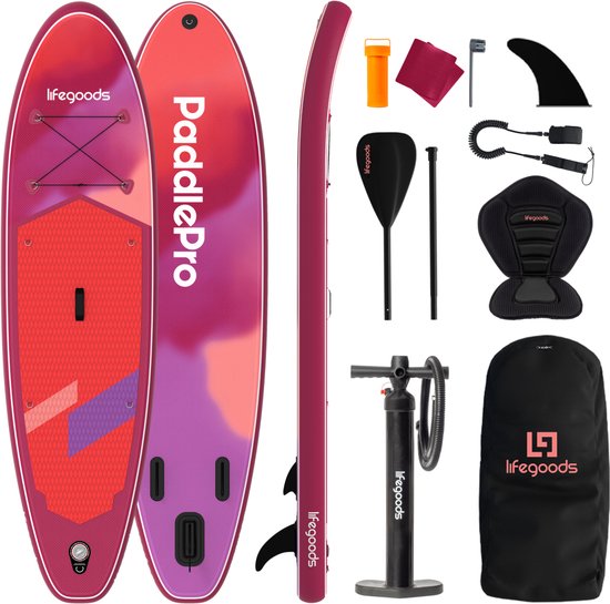 LifeGoods SUP Board All-round Compact - mit Sitz - 100 KG Tragfähigkeit - 300 x 76 cm - Aufblasbar - Komplettes SUP Paket - Rot/Lila