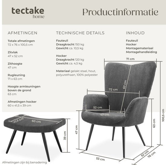 tectake® Ohrensessel mit Hocker - Skandinavischer Teddy Bouclé Sessel - Lounge und Wohnzimmersessel - Schwarze Metallbeine - Belastbarkeit 150kg - Cord - Grau