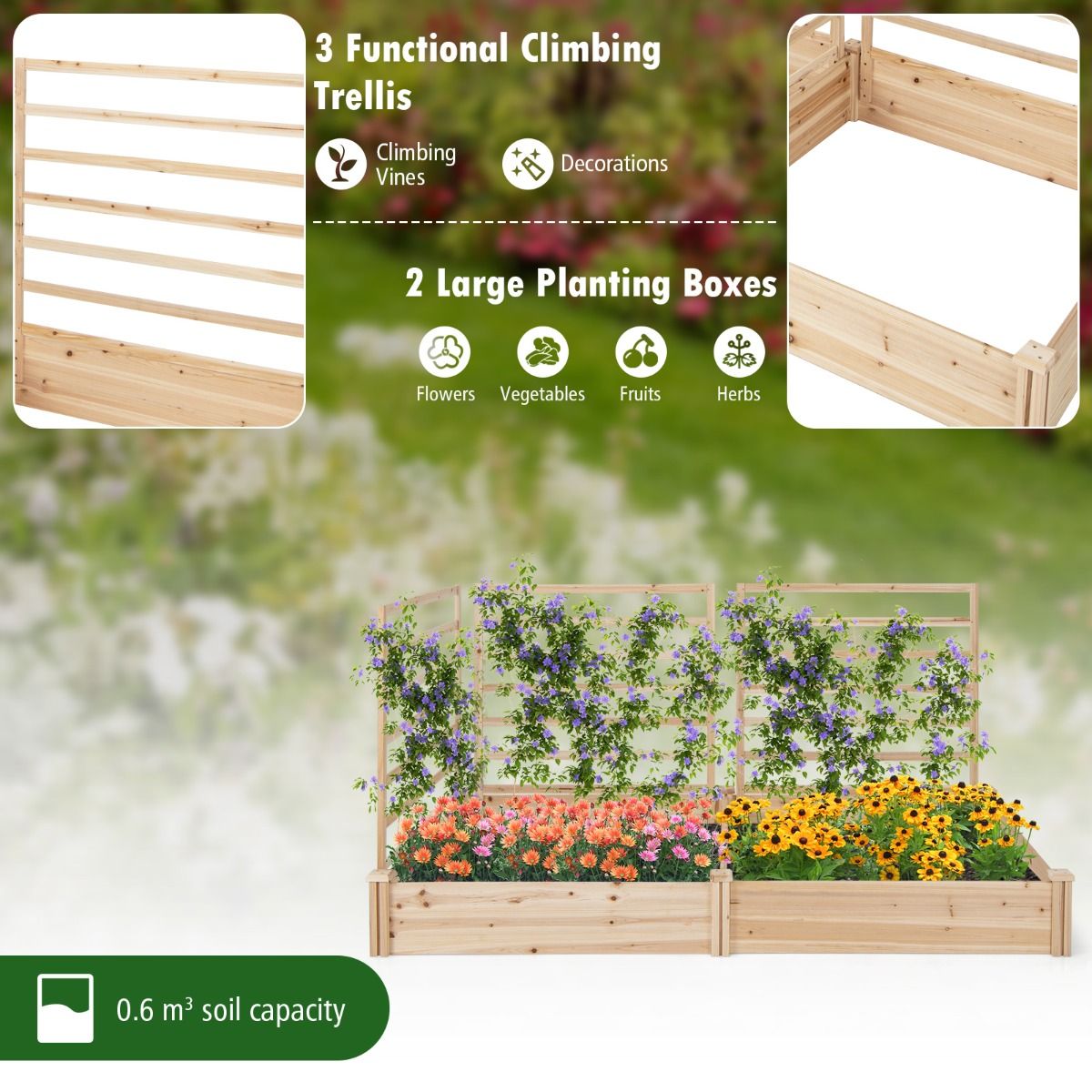 Coast Pflanzkasten aus Holz mit 3 Klettergittern – Hochbeet – Offener Boden – Naturbelassenes Kiefernholz – 222 x 114 x 110 cm
