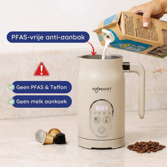 Safecourt kitchen Elektrischer Milchaufschäumer - 100% PFAS-frei - Display & Temperaturkontrolle - 4-in-1 - 350ml - Beige