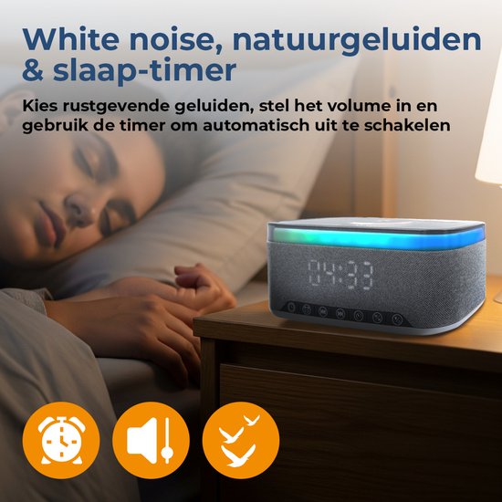Denver Wecker mit kabellosem Ladegerät - Weißes Rauschen - Digitaler Wecker - Bluetooth - FM-Radio - Dualer Alarm - Dimmer - CRQ225