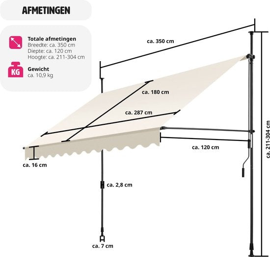 tectake - Klemmmarkise - Sonnenschirm - Markise - Verstellbar - Klemmmarkise - Sonnenschirm Balkon - 350 x 180 cm - beige - Markise - 404966