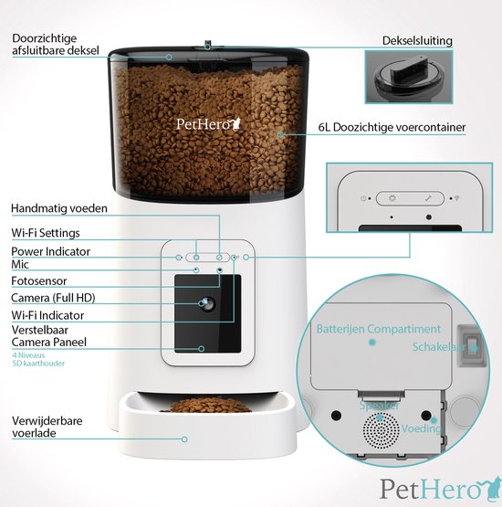 PetHero 3 Feeder White - Einstellbare Kamera - Smartphone-Steuerung - automatischer Futternapf für Katze oder Hund - 6,0 L