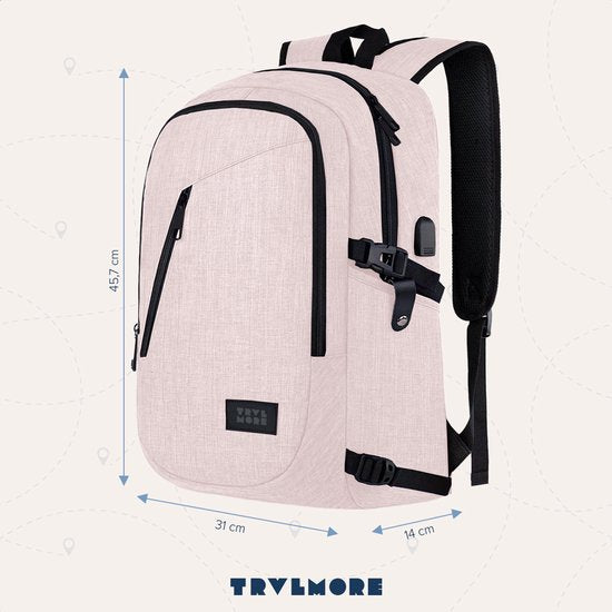 TRVLMORE Rucksack - 25L - 15.6 Zoll - Laptop-Rucksack mit USB - Schultasche - Männer und Frauen - Tasche Pink