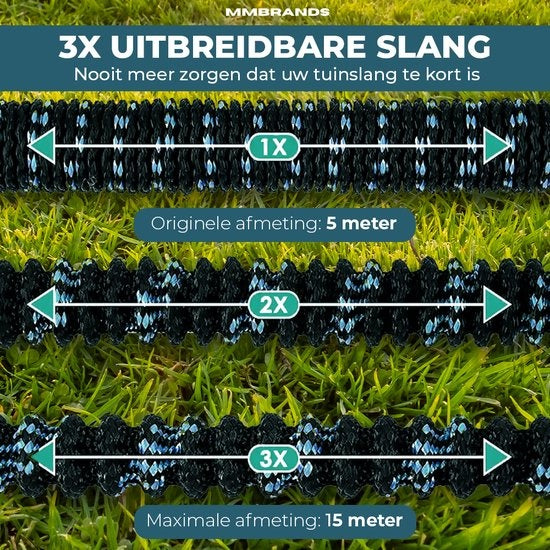 MM Brands Flexibler Gartenschlauch bis zu 15m - 10 Sprühmodi - Schwarz und Blau
