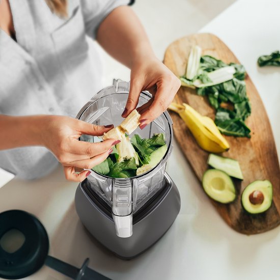 KitchenBrothers 2-in-1 Power Blender - 1600W - 2L - Komplettset mit Zerkleinerer und To-go Becher - Smoothie Maker - Ice Crusher - Metallic Grau